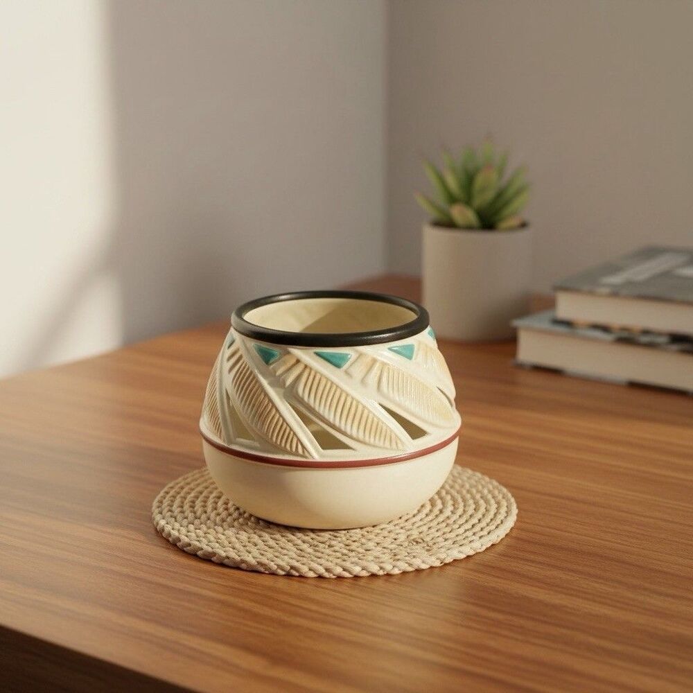 Partylite Southwestern Feather Pot Votive Candle Holder 4" T x 4.5" W Vtg 90s